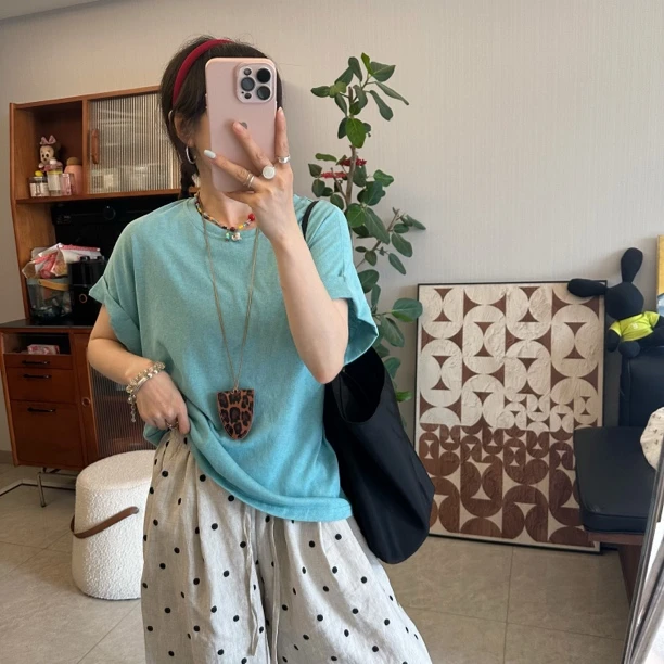 qiqi/琦琦推荐 韩国宽松麻棉彩色翻边短袖T恤慵懒百搭时尚
