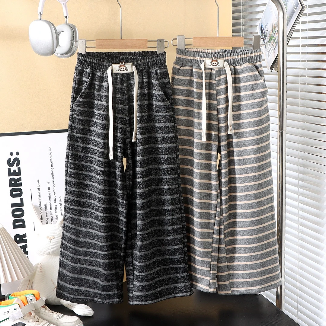 初秋新品韩版条纹阔腿裤秋季女童网红直筒裤卡通LABU标百搭休闲裤