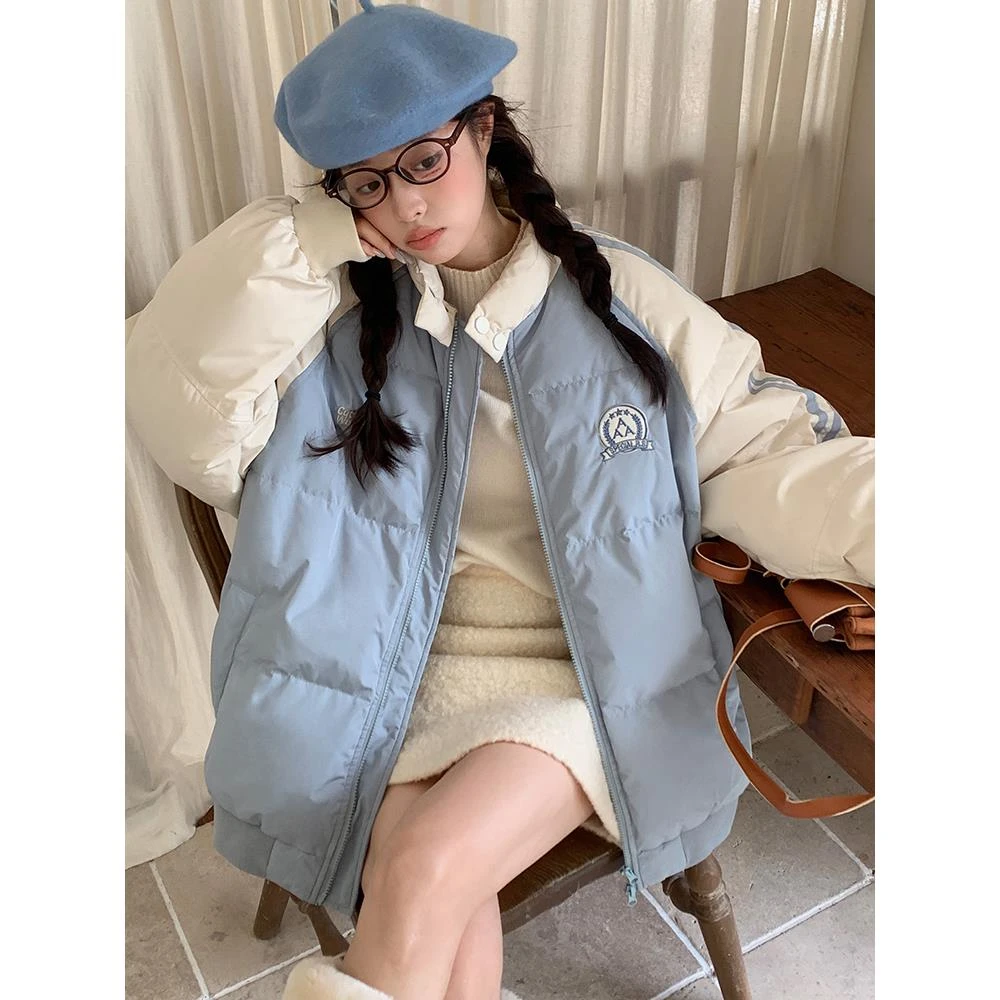 美式街头撞色立领棉衣女棉服2025冬季慵懒百搭加厚保暖面包服外套