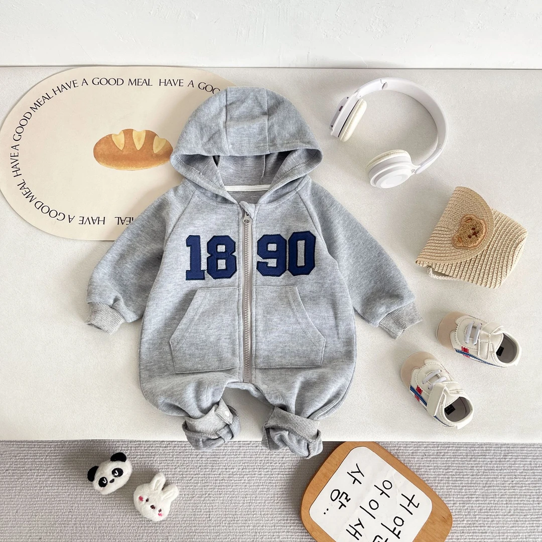 ins新款拉链秋装男宝宝连身衣外出爬服超萌洋派保暖外套婴儿衣服