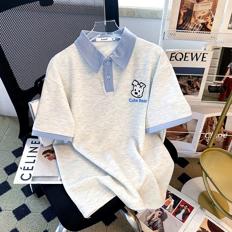 原创小狗刺绣蓝色polo领拼色短袖t恤男女夏学院宽松情侣休闲上衣