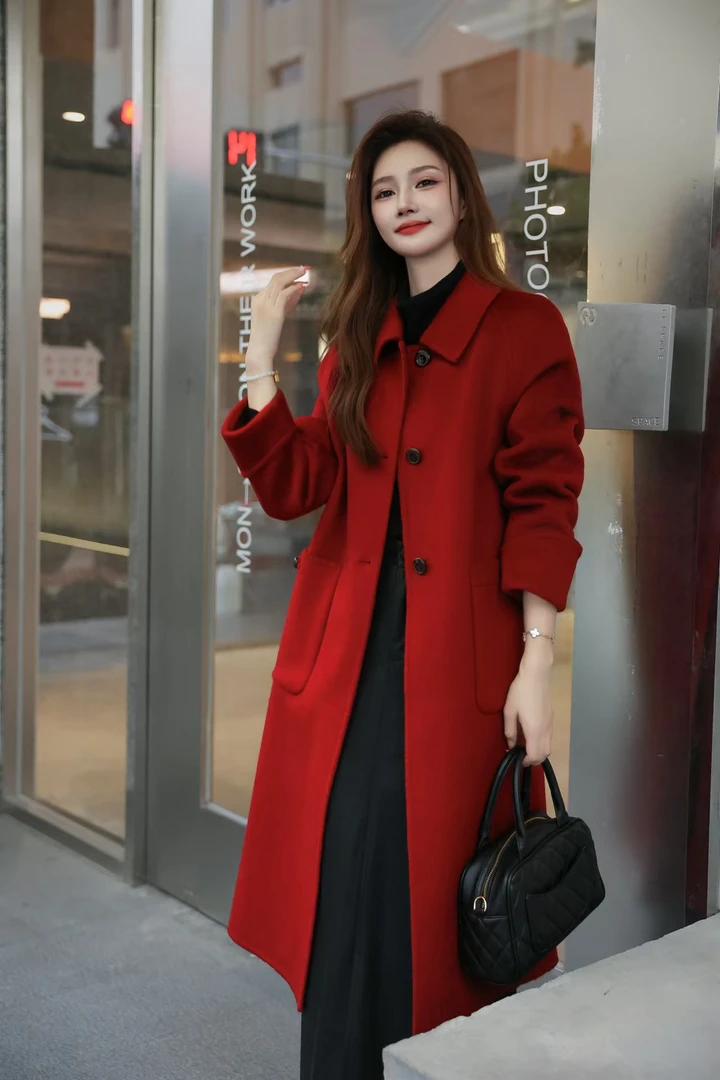 红色气质双面羊绒大衣宽松显瘦时尚