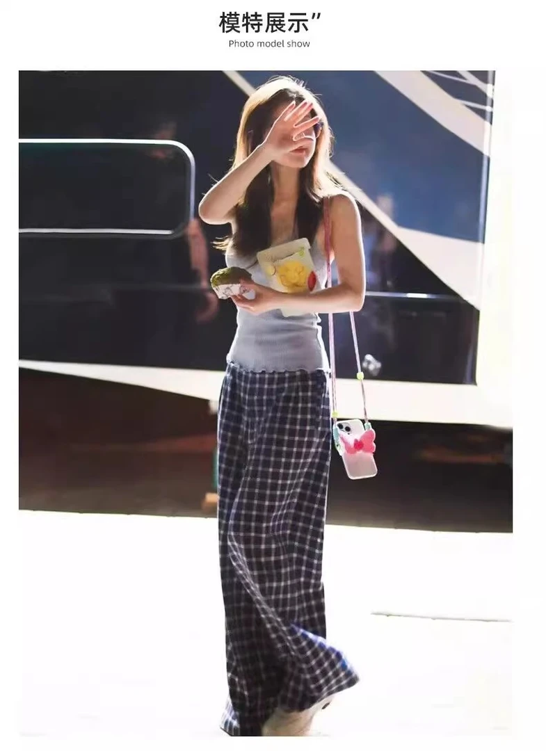 静~赵露思同款格子裤女2025新款高腰显瘦直筒阔腿裤休闲长裤子