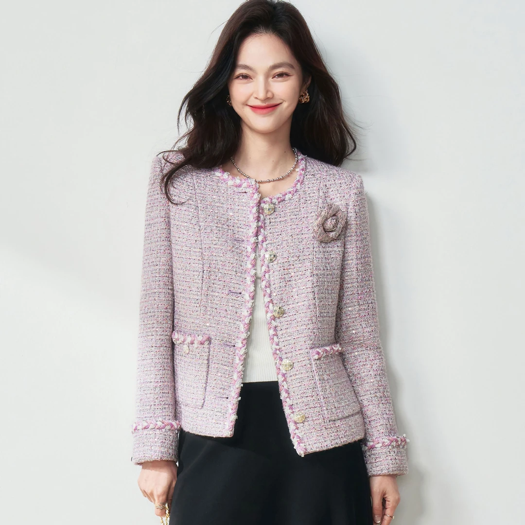 【直播间同价】高定小香风多重混色闪光粉/银金葱珠片短外套25067