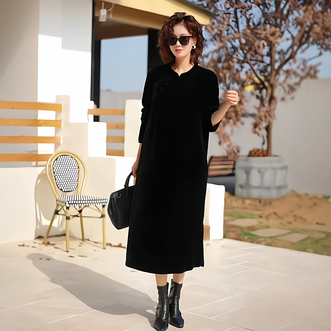 26085秋季复古新中式国风大码丝绒盘扣连衣裙改良旗袍优雅长裙