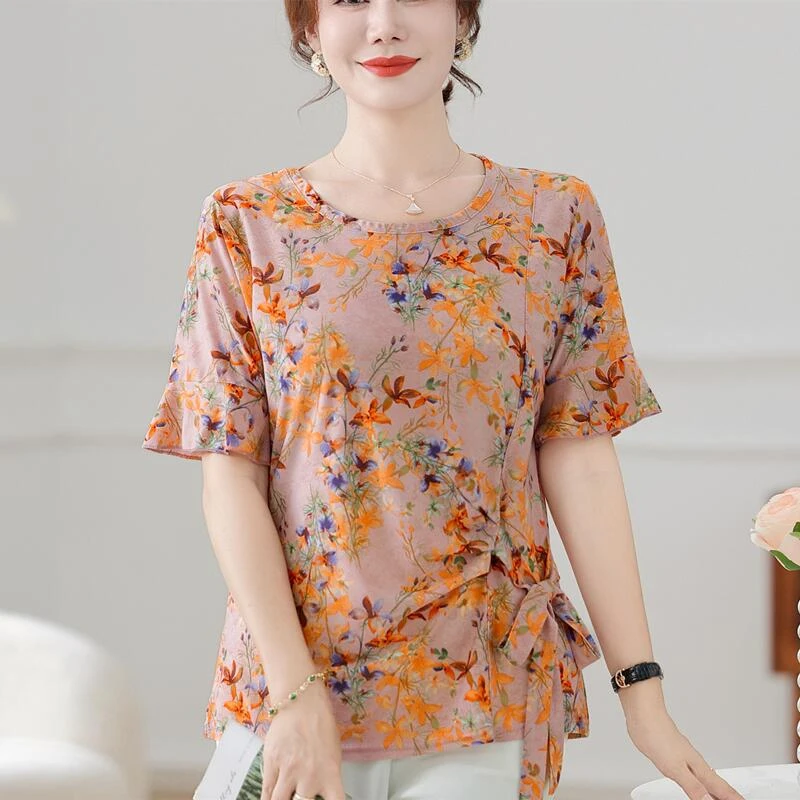 2025新款夏季中老年女装洋气碎花短袖T恤宽松显瘦妈妈上衣母亲节
