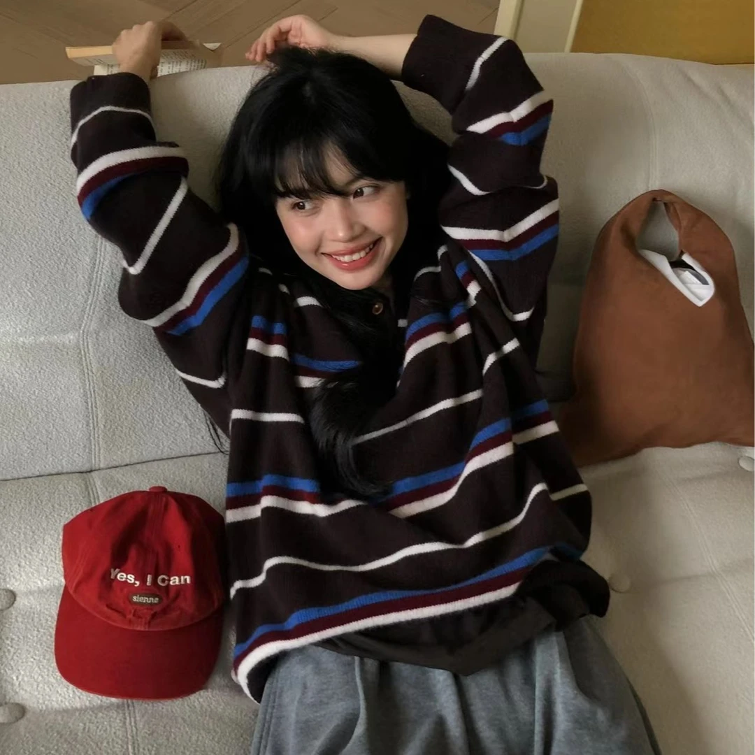 秋季设计感复古撞色条纹毛衣女2025新款百搭韩系休闲减龄针织上衣