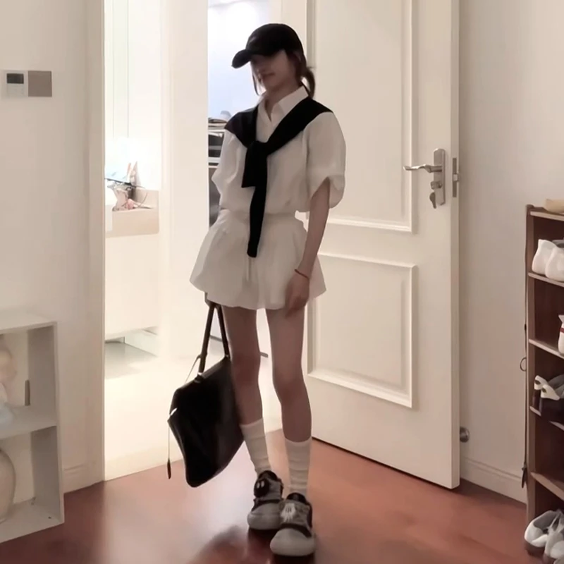 法式白色短袖衬衫连衣裙子女夏季2025新款小个子收腰蓬蓬短裙套装
