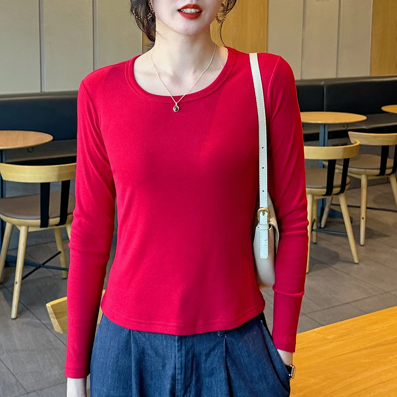 春秋长袖女T恤打底衫显瘦修身春季纯色圆领时尚洋气短款百搭韩版
