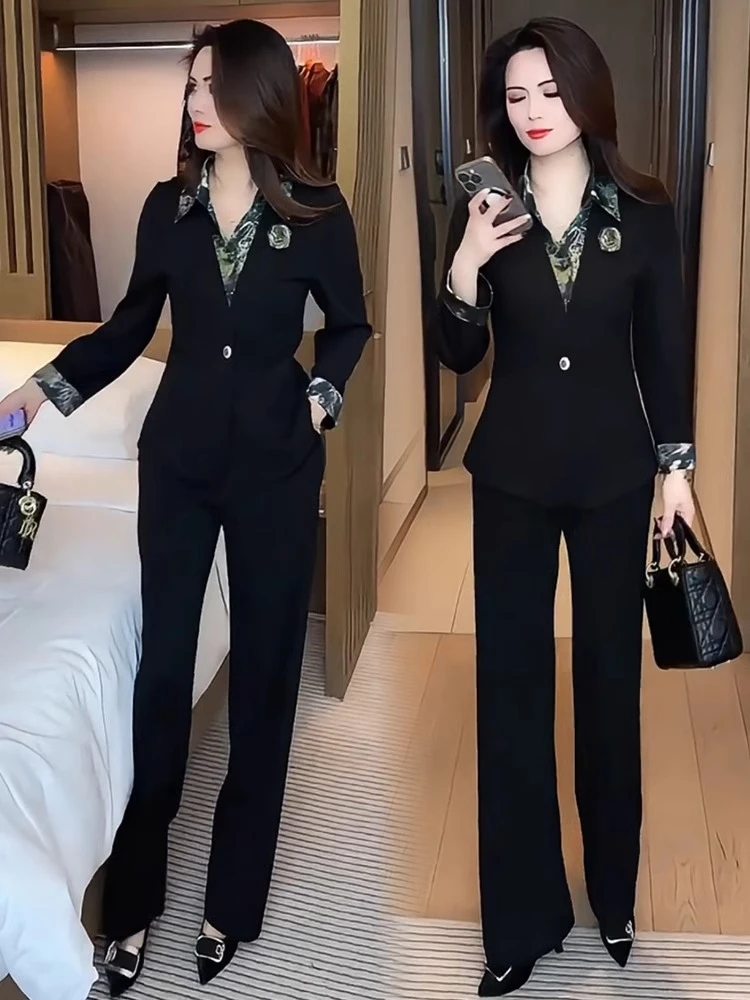 时尚套装女2025春季新款时髦洋气设计感假两件外套阔腿裤两件套潮