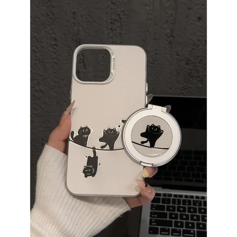 晾衣线猫咪适用苹果16pro创意iPhone15手机壳磨砂彩银华为p60小众