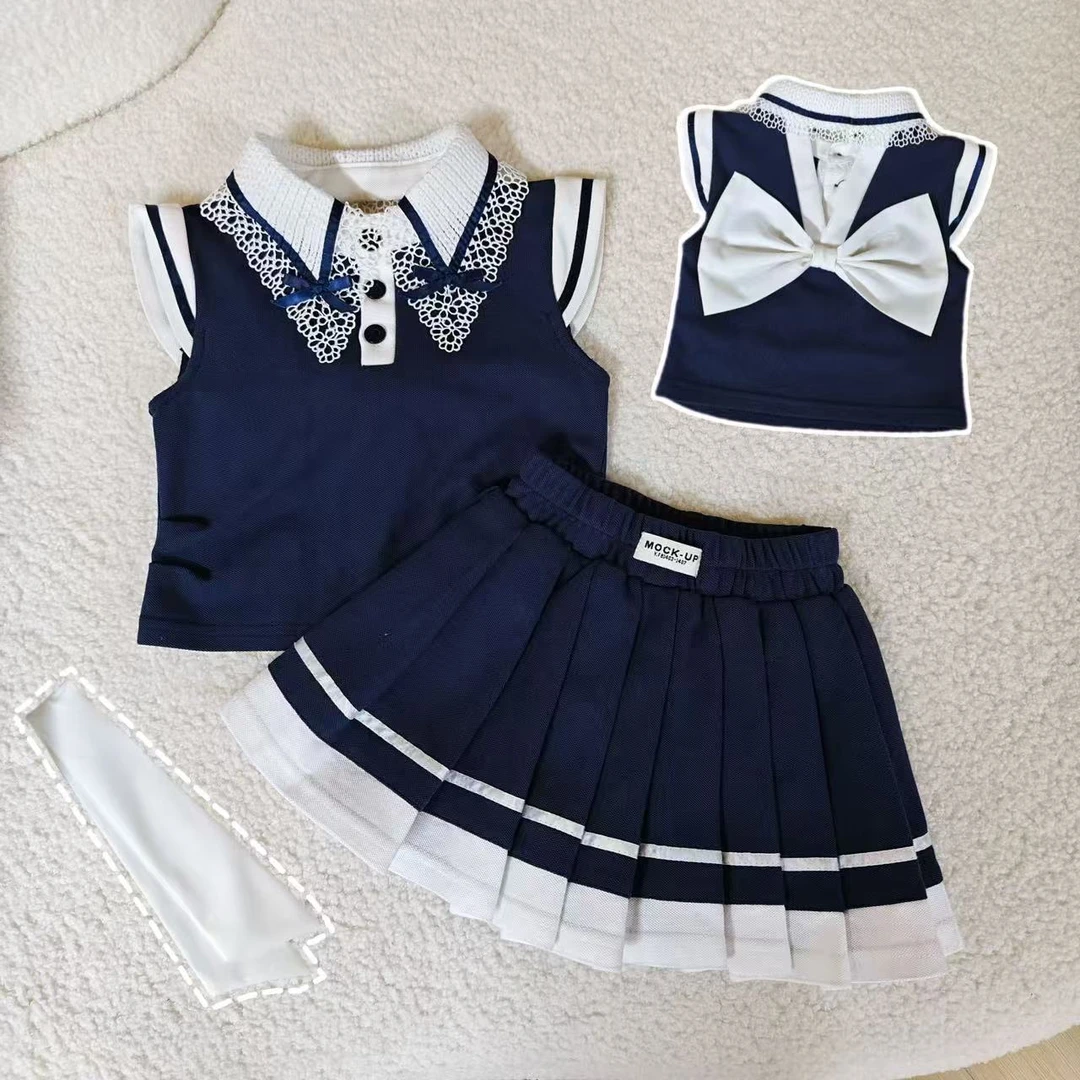 女童套装夏季2025新款儿童韩版学院风蝴蝶结背心百褶裙两件套潮