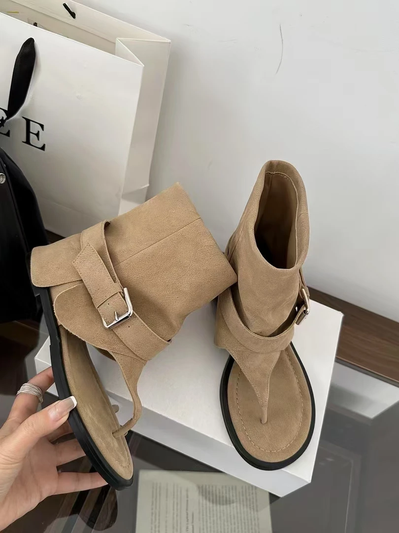 修面皮时尚高跟休闲罗马凉鞋凉靴套筒夹趾纯色时装