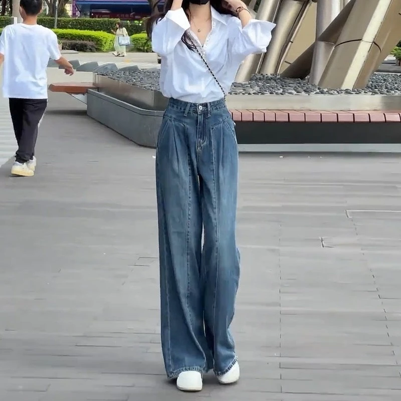 复古遮胯阔腿牛仔裤女2024秋季新款高腰显瘦垂感收腰梨形身材宽松