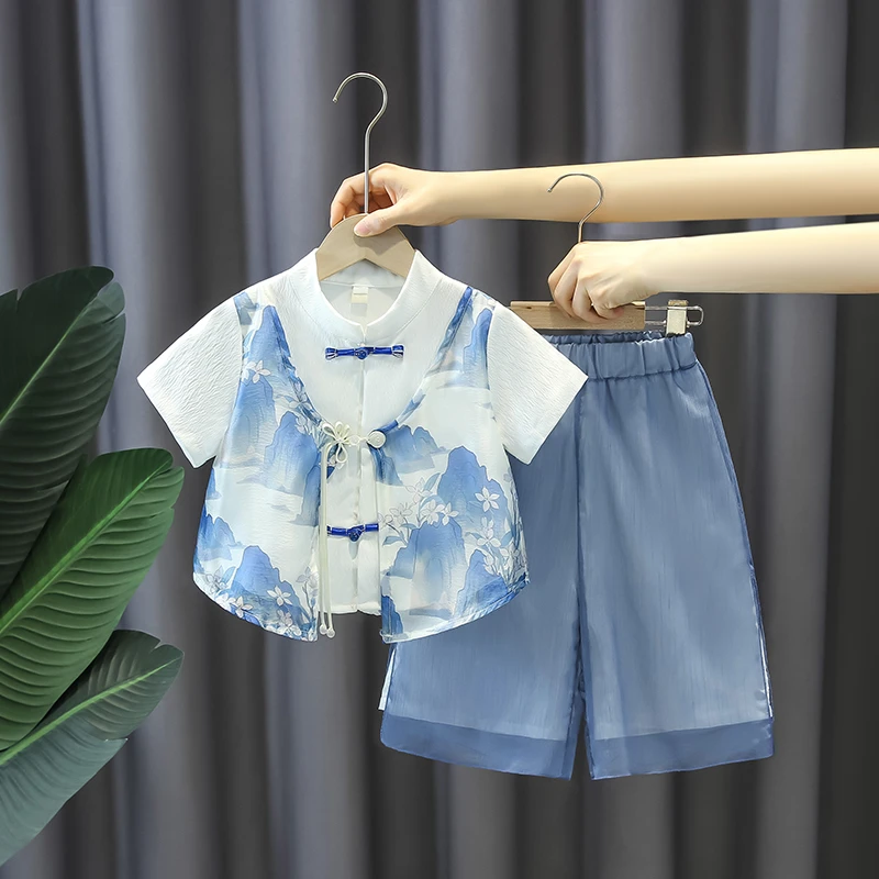 儿童汉服周岁礼服女童夏季薄款古风套装男童民族风洋气演出服唐装