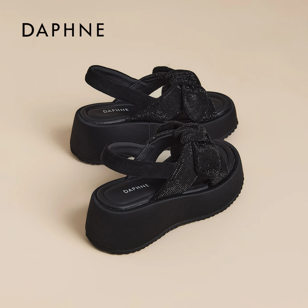 达芙妮蝴蝶结两穿凉鞋女2025夏款厚底百搭外穿时尚露趾水钻凉拖鞋