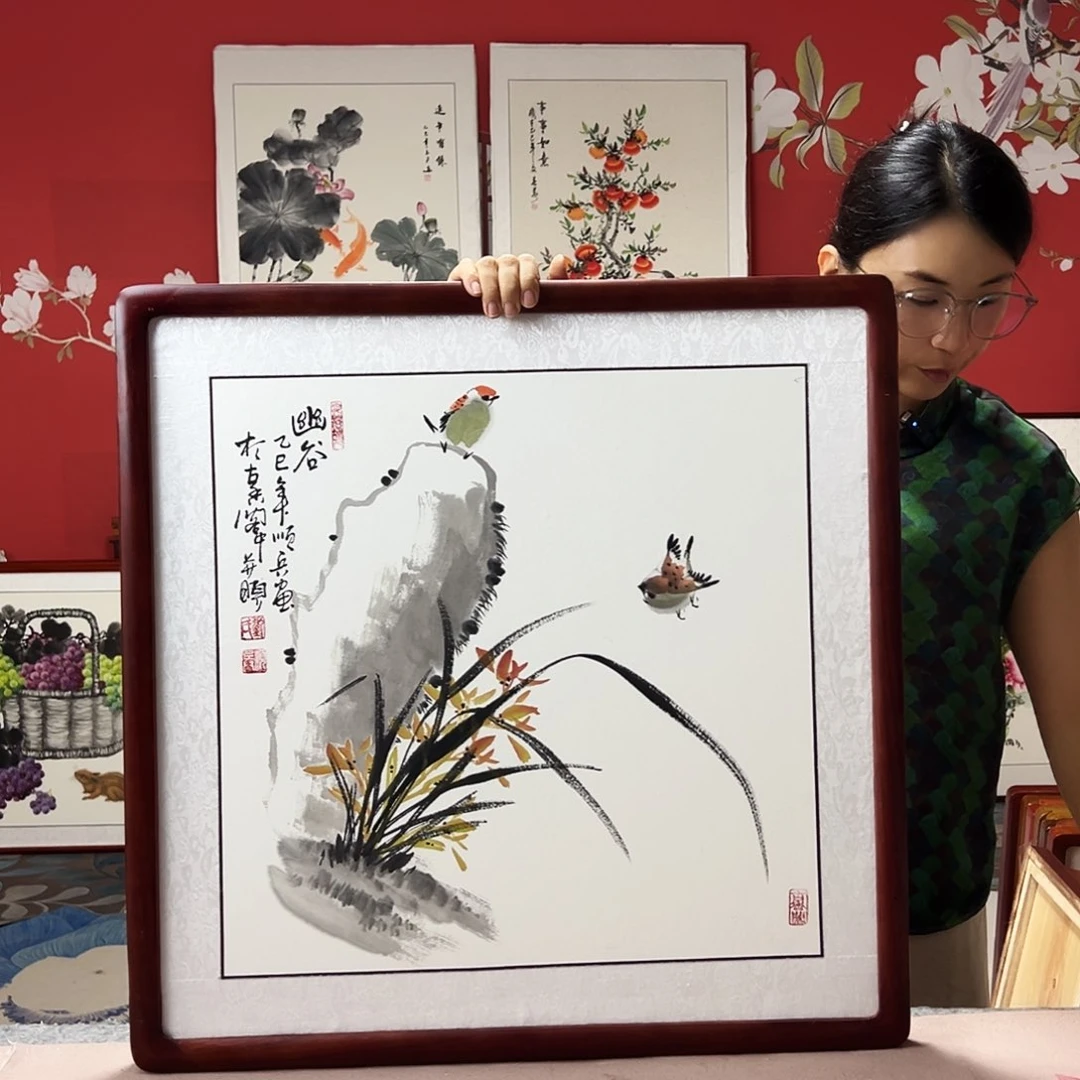国画手写手绘国画作品带框包邮62✖️62