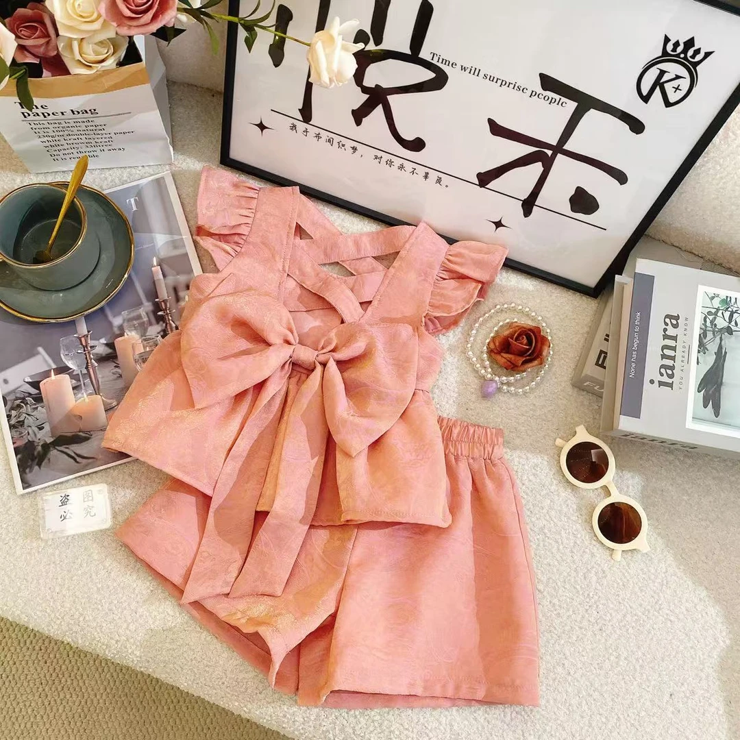 M女童套公主夏季女宝粉色甜美新款气质洋气飞袖儿童套装80543