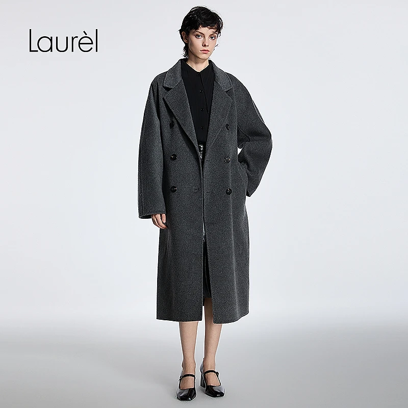 【丽公主专享】Laurel25秋款戗驳领双排扣系带长款大衣L354D04500