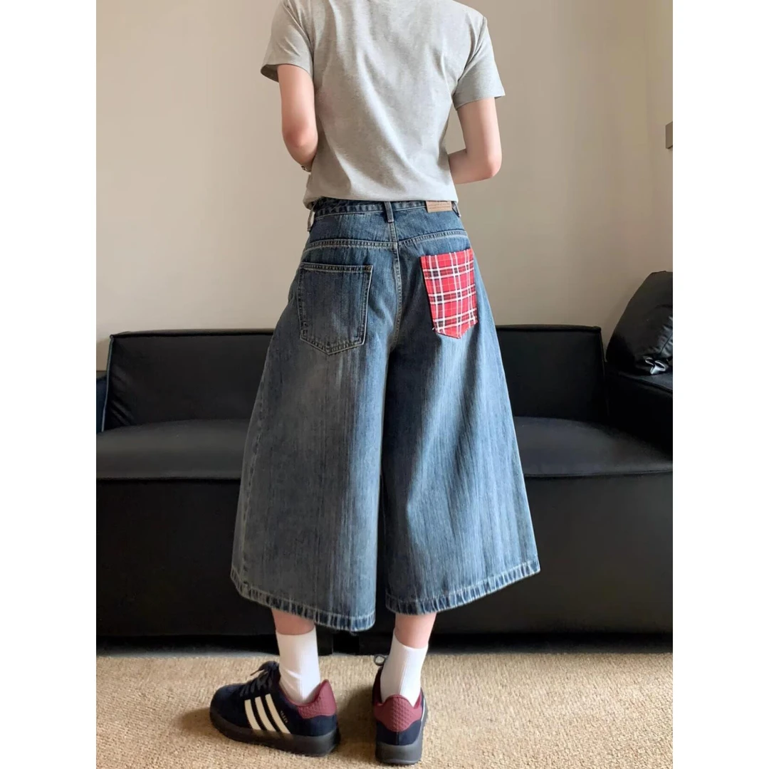 微胖mm美式红格子拼接牛仔七分裤女夏季新款复古宽松百搭直筒裤