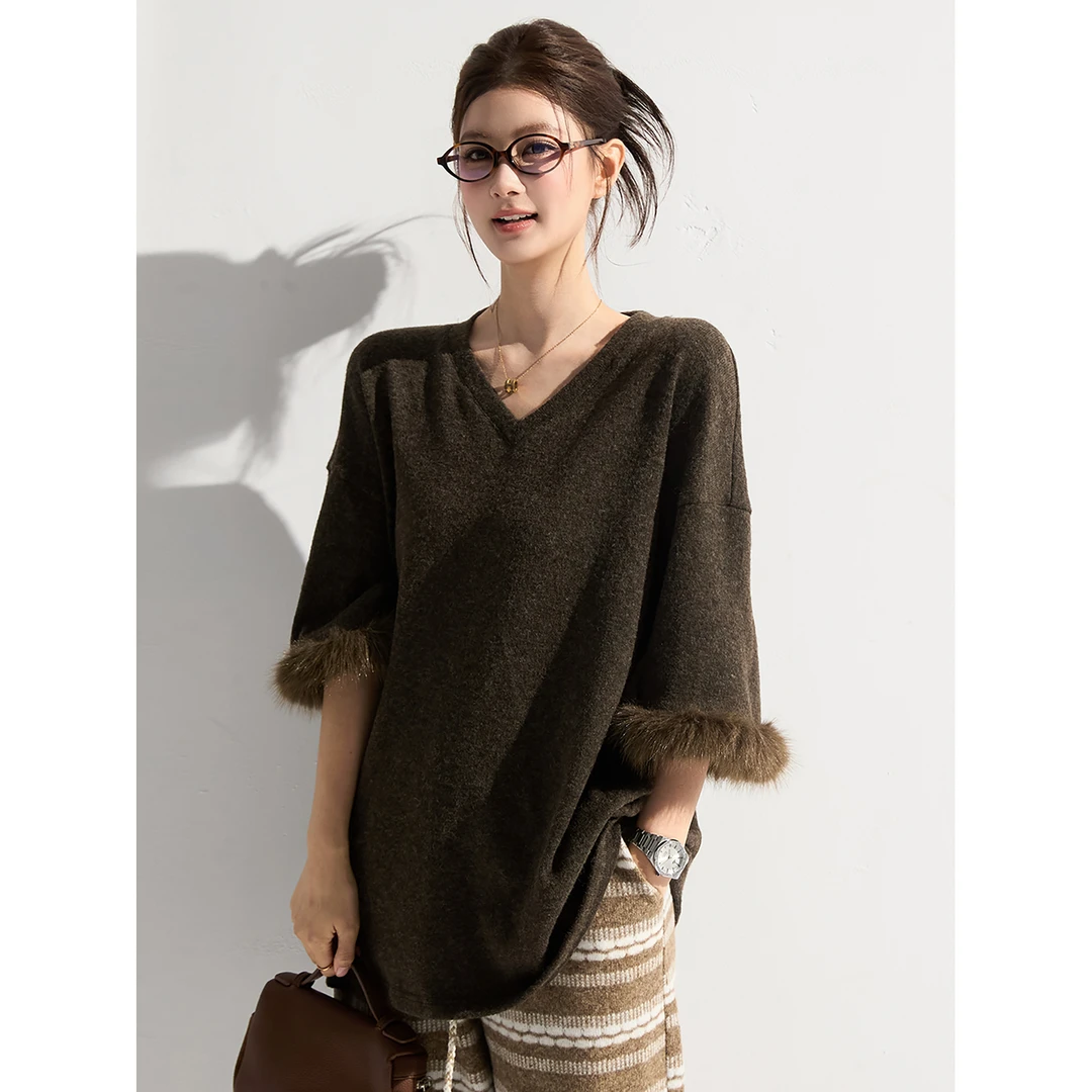 谢不肉 拼接毛毛复古咖色中袖针织衫女秋季宽松休闲时尚上衣50786