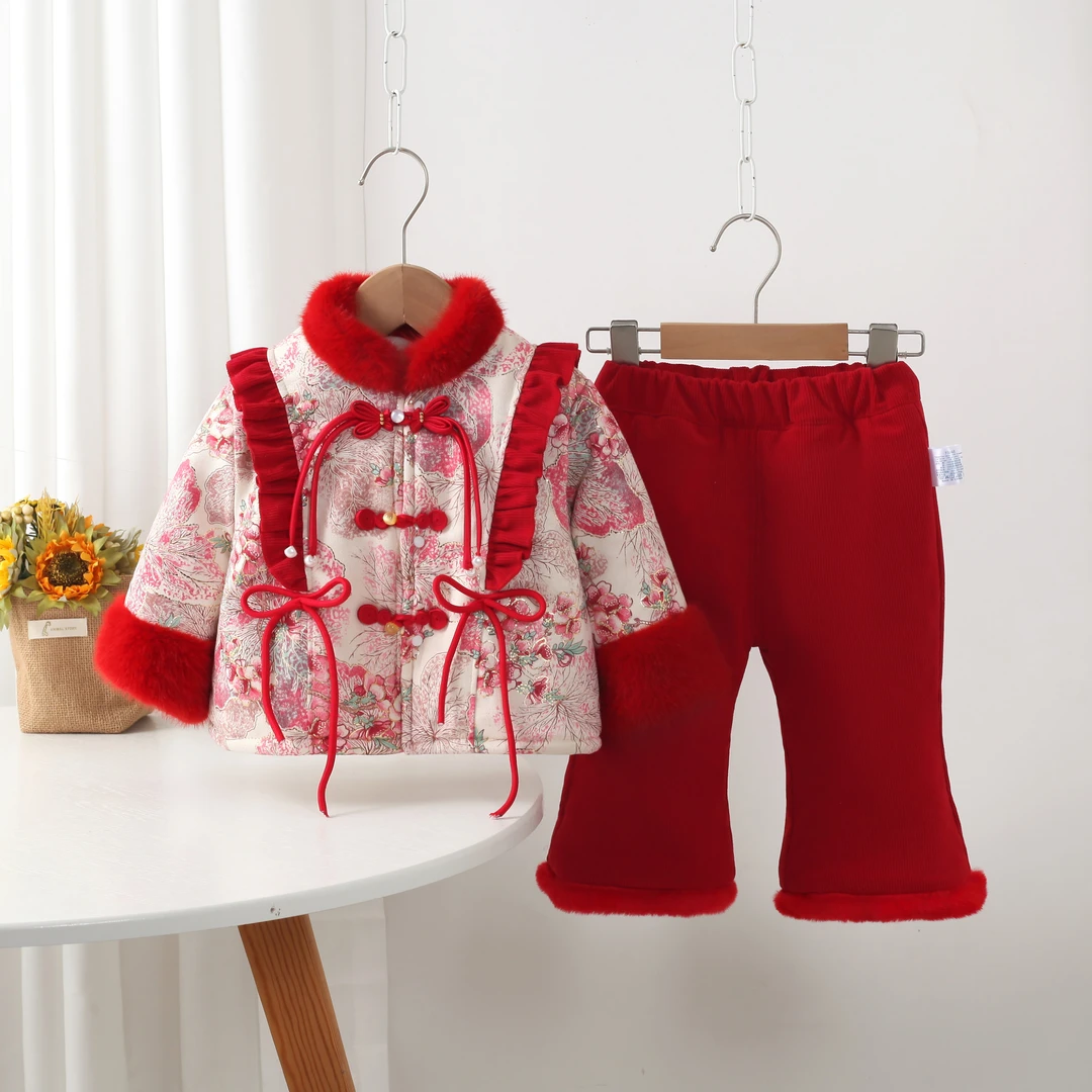 婴幼儿可爱宝宝休闲百搭外出拜年服装毛立领盘扣飞边棉套装