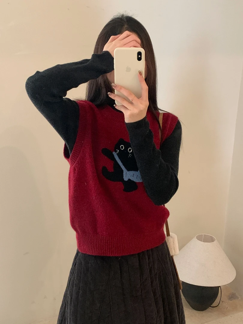 【素简.960139】秋冬绵羊毛混纺花纱小猫马甲红人上新羊毛衫