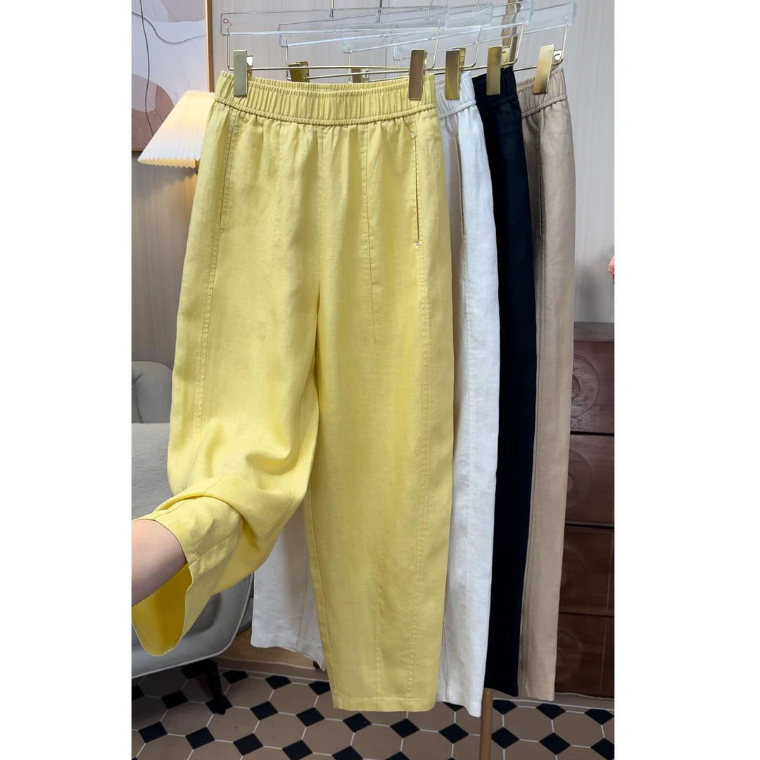 天丝亚麻裤女夏季薄款2025年新款大码胖mm高腰宽松哈伦棉麻直筒裤