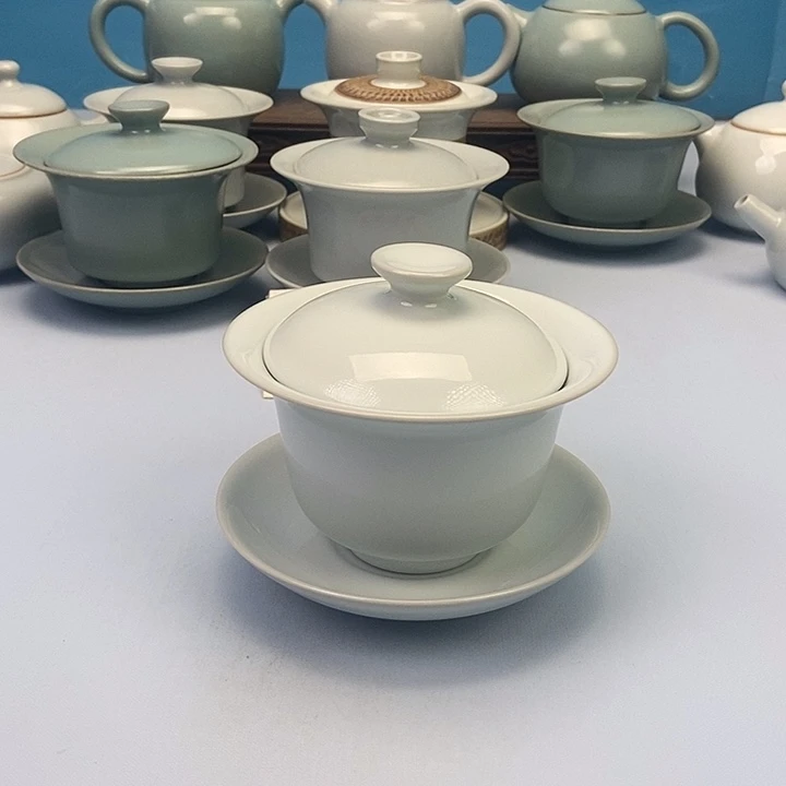 碗仿古月白三财元宝盖碗原矿原釉原产地