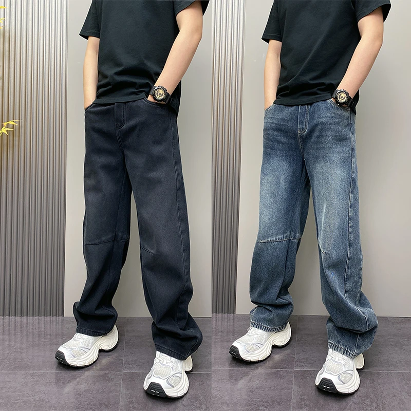 秋冬新款加绒加厚休闲裤做旧牛仔裤男士弯刀宽松直筒裤阔腿长裤子