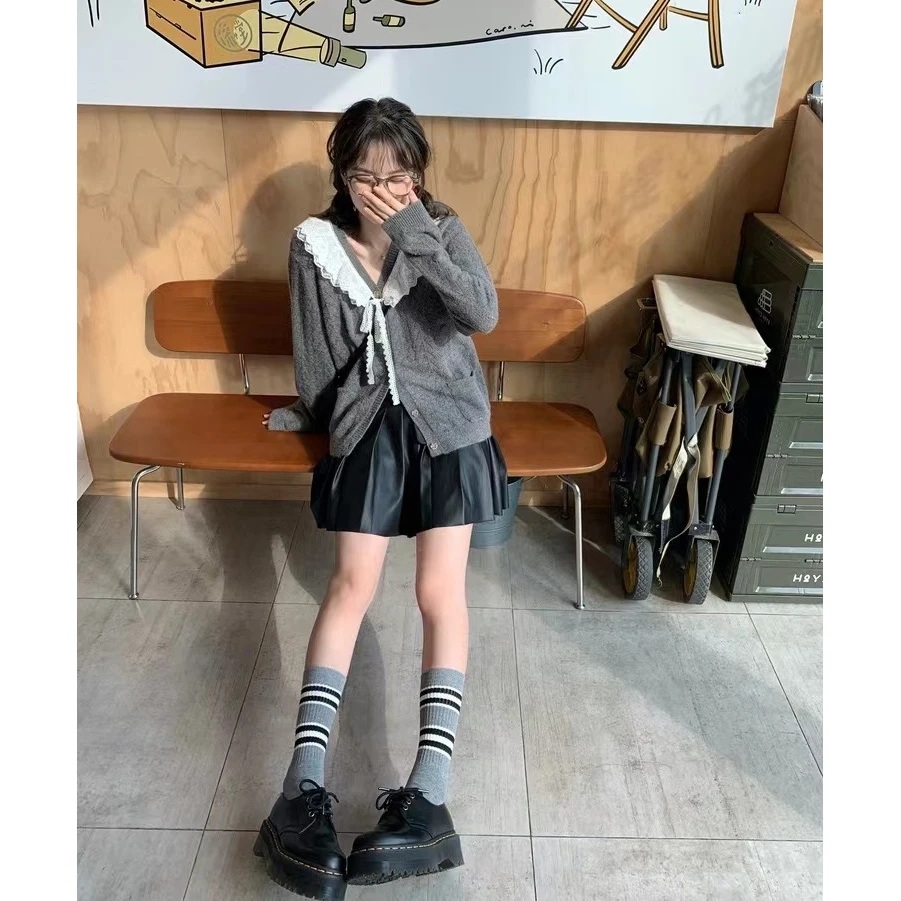 可爱手工蕾丝领针织毛衣开衫女外套季新款慵懒风短款上衣1129