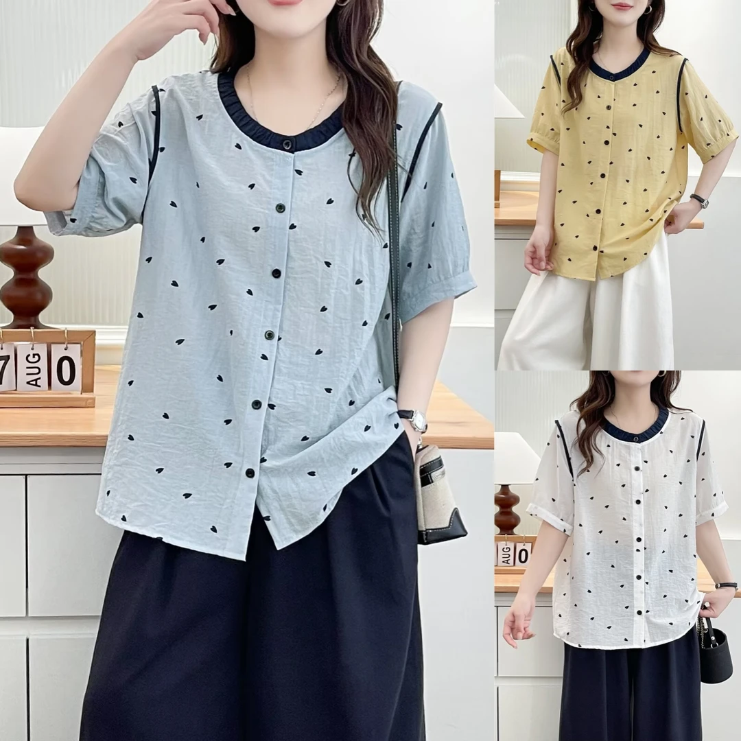 衬衫爱心圆领大码短袖舒适薄款印染夏季通勤宽松微胖mm衬衣新款