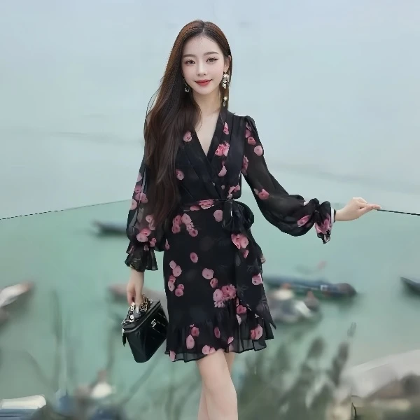 裙子女款爆款2025新款高级感春款法式荷叶边印花长袖包臀连衣裙女