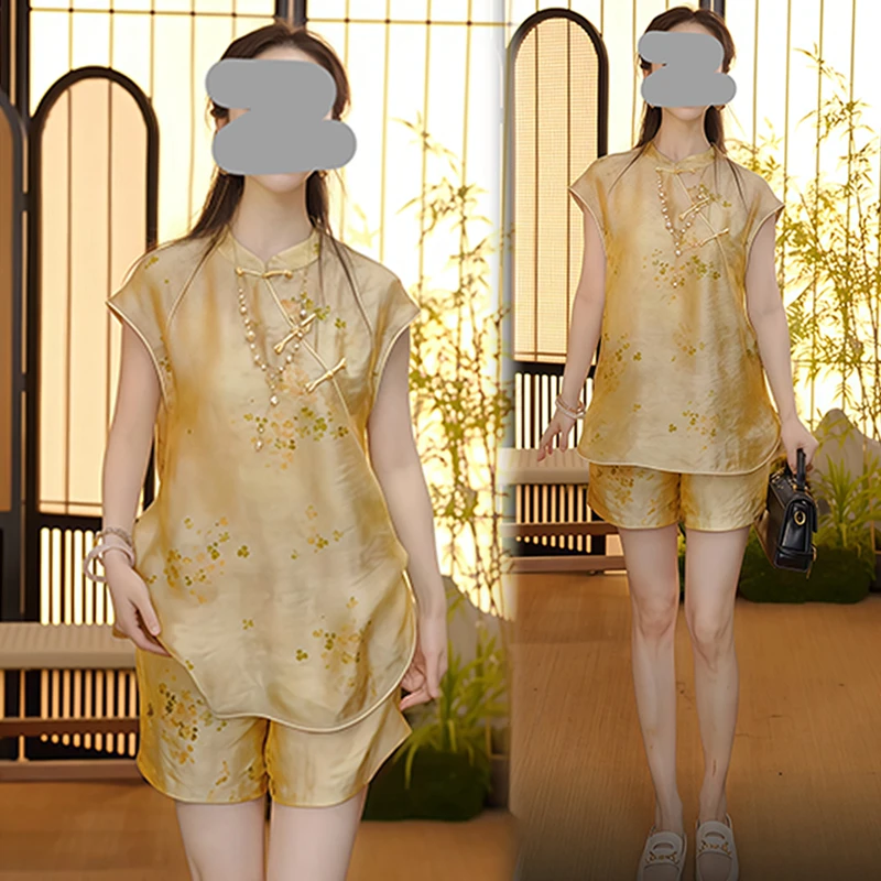 休闲复古风套装女2025年夏季新款减龄显瘦立领短袖上衣短裤两件套