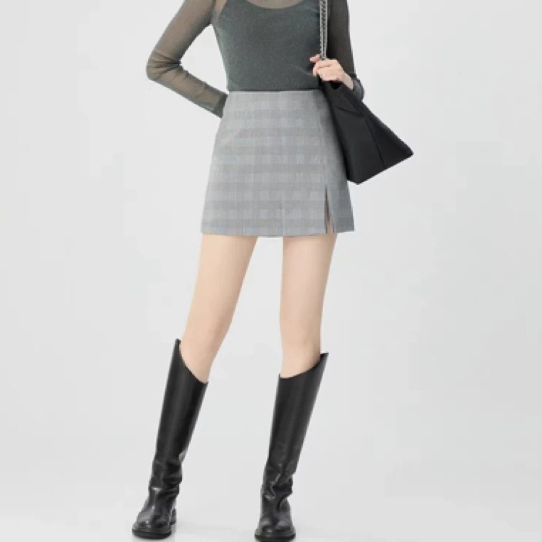 哥弟薄款显瘦时尚修身春季适中棋盘格高腰微弹力裙裤1100517