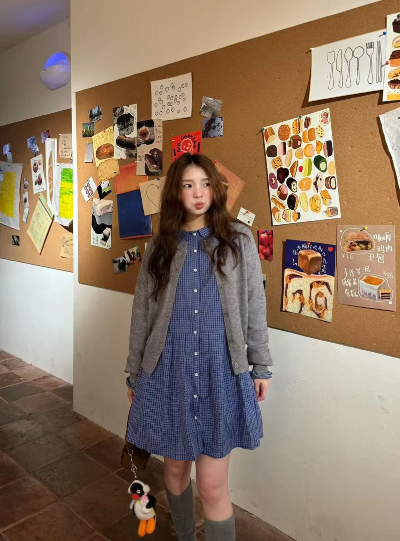 2025秋季新款韩系学院风灰色长袖针织开衫女修身显瘦上衣搭连衣裙