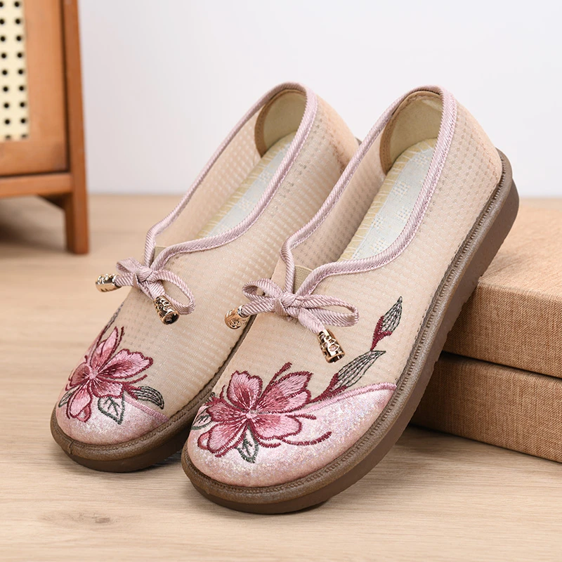 夏季老北京布鞋女透气轻便妈妈鞋中老年一脚蹬软底防滑网面平底鞋