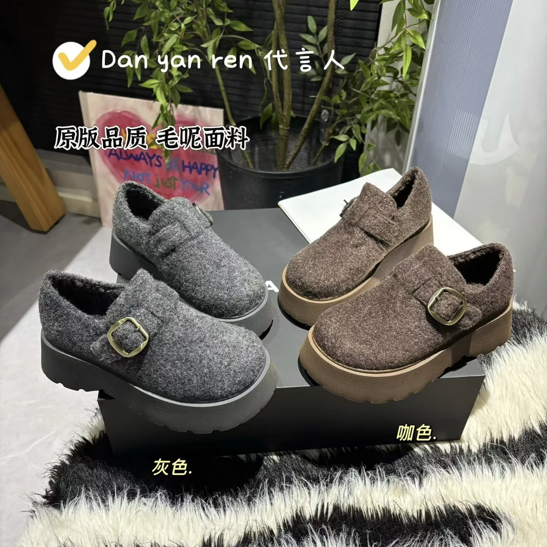 代言人2025冬季新款毛呢厚底勃肯鞋女松糕底加绒棉鞋 5cm
