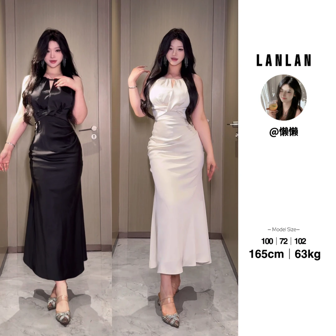 Lanlan-【白屿风信】白色气质无袖吊带连衣裙收腰显瘦长裙法式夏季