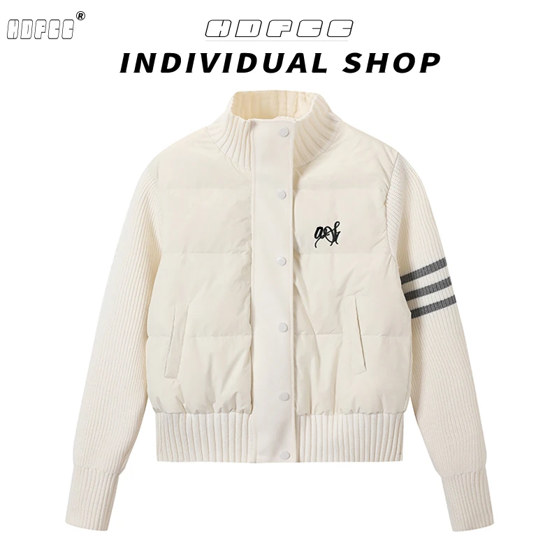 韩系立领针织袖拼接棉服女装冬季新款正肩百搭加厚保暖面包服外套