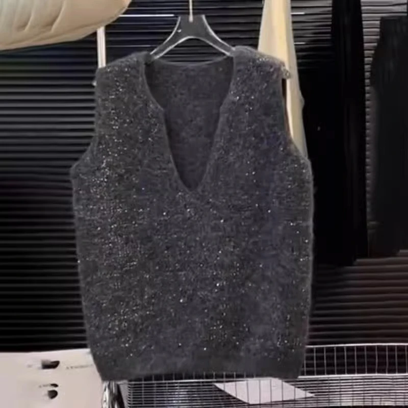 灰色V领亮片针织衫马甲毛衣女早春季高级感内搭休闲叠穿背心上衣