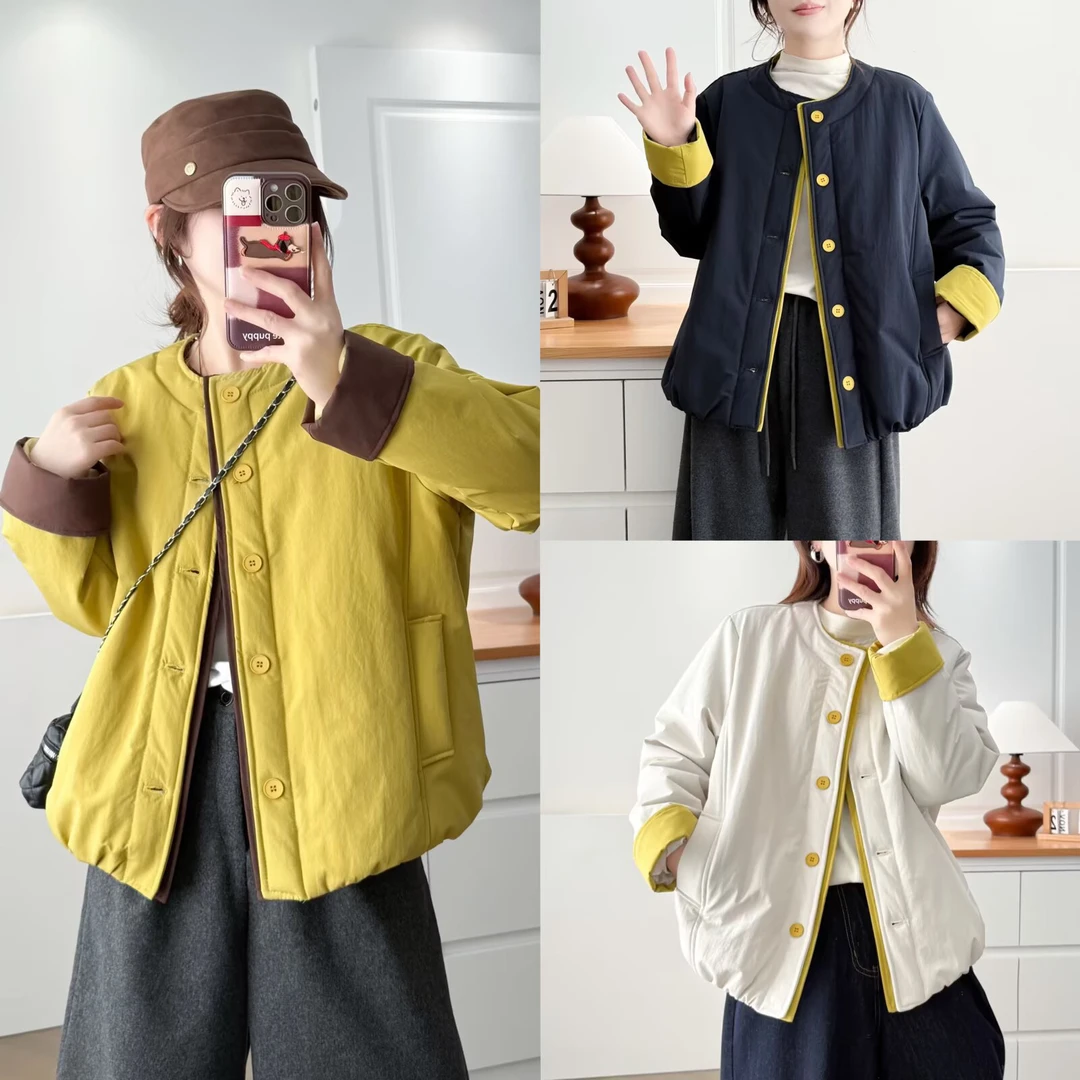 大码女装撞色圆领棉衣外套胖mm爆款秋冬新款韩系整张棉时尚小棉袄