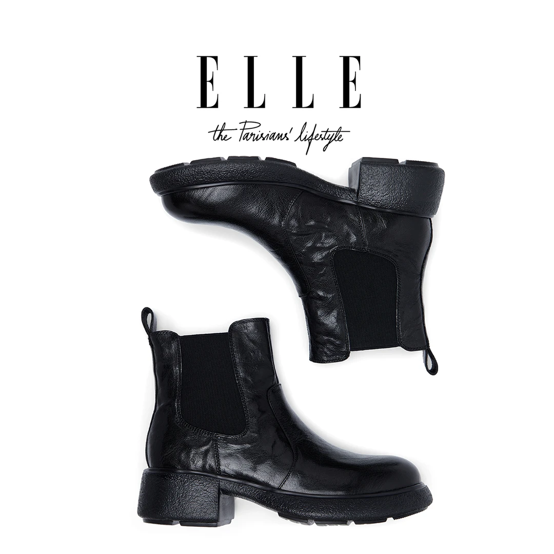 ELLE弹力切尔西靴女2025秋冬新款圆头厚底烟筒靴时尚简约百搭短靴