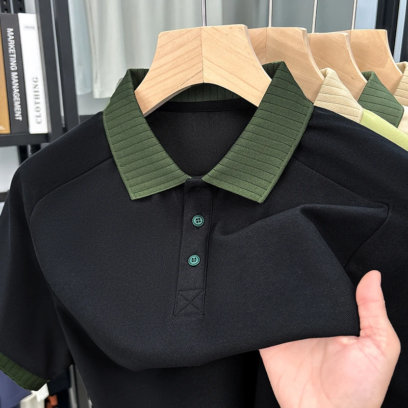 2025新款夏季短袖拼色Polo衫翻领宽松T恤速干纯色时尚休闲男装
