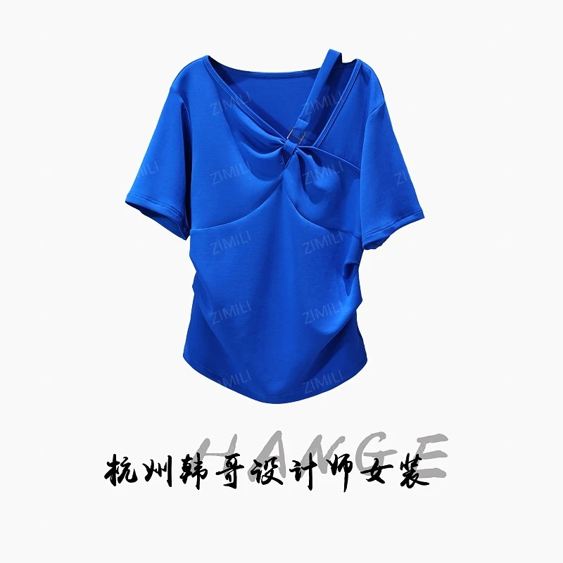 【韩哥女装】2025欧版设计小众克莱因蓝压褶V领时尚短袖9729