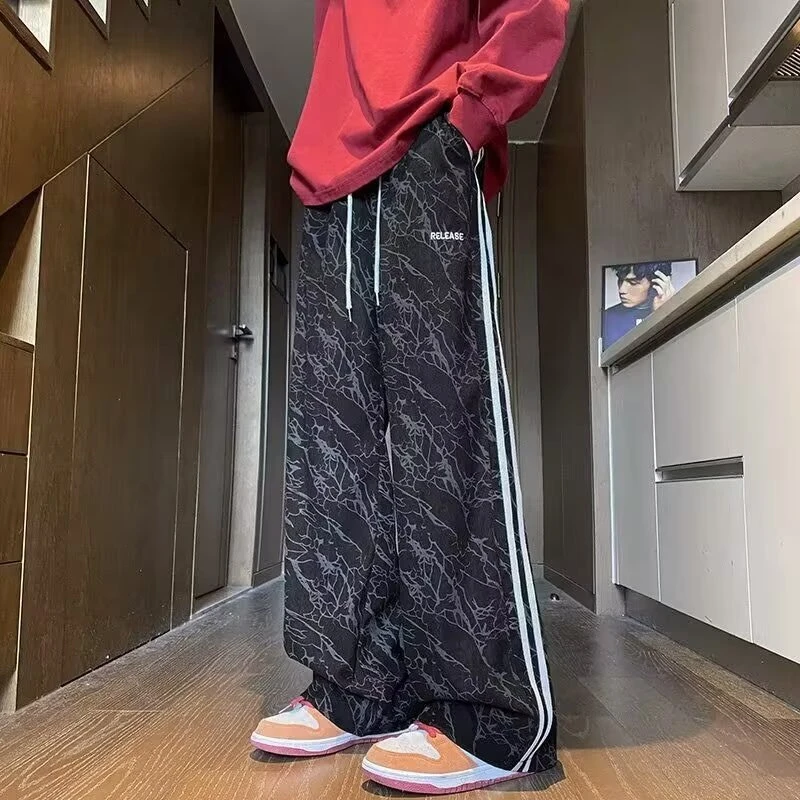 粉色灯芯绒扎染裤子男秋冬季美式复古休闲卫裤宽松阔腿直筒运动裤