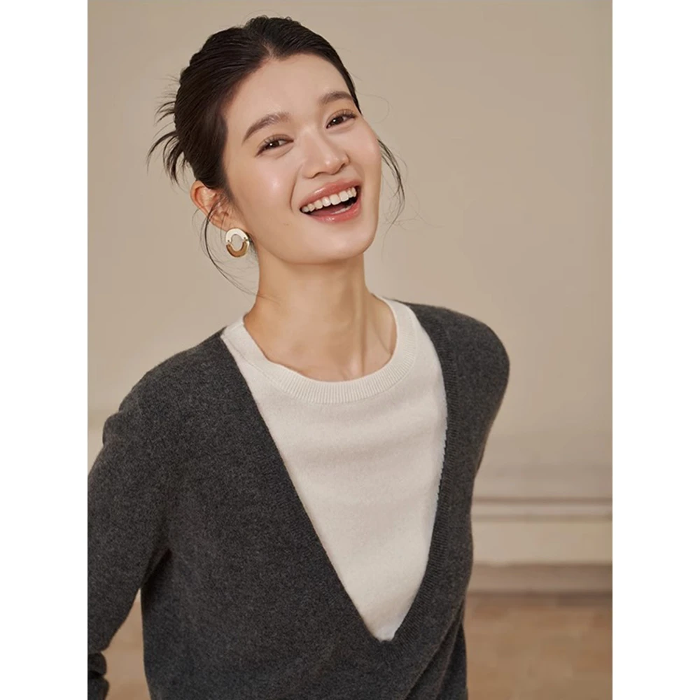 复古撞色大U领假两件毛衣女春秋款松弛感套头上衣知识分子针织衫