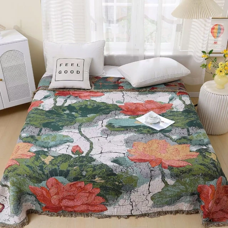 流苏-出水芙蓉-白底-200*230 多层纱布工艺罗布麻床盖