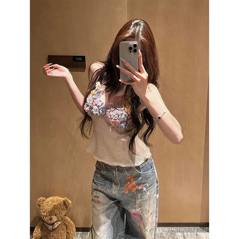 2025夏季新款重工镂空立体花朵手工钩花吊带背心配牛仔裤两件套女