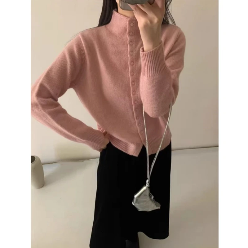 【方扣粉色】韩系纯色半高领一排扣基础百搭针织开衫外套保暖神器